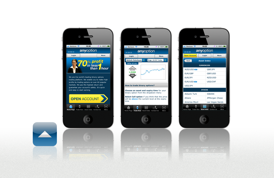 Binary trading mobile interface screens